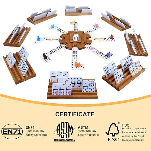 Offelec Mexican Train Dominoes Set with 8 Holders, Double 12 Dominos Set for Adults, Mexican Dominoes Train for Kids and Family Game, Mexican Train Games with 91 Colored Tile Dominos and Wooden Box thumbnail 6