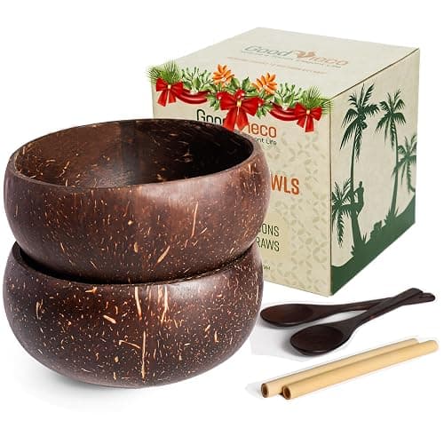 GoodVieco Coconut Bowl Set (2, Polished) – Natural Coconut Shell Bowls with Bamboo Straws & Wooden Spoons – Eco Friendly Gifts for Vegan, Smoothie, Acai, Buddha, Yogurt & Sustainable Meals - Image 1