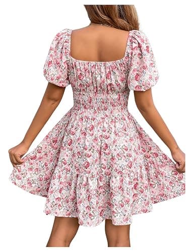 Floerns Women's Boho Square Neck Puff Short Sleeve Self Tie Front A Line Dress thumbnail 2