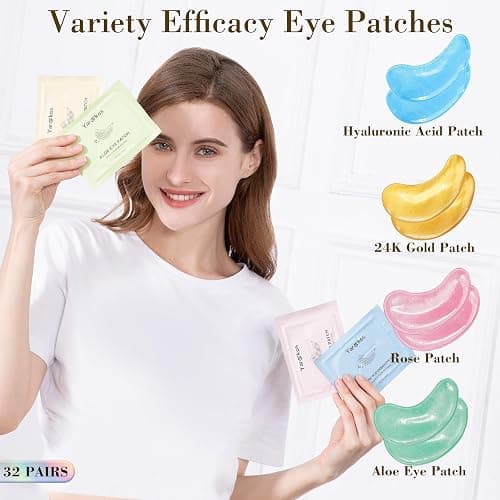 Yargkos 32 Pairs Under Eye Patches, Hydrating Eye Masks for Dark Circles Puffiness Puffy Eyes, Anti Wrinkle Collagen Undereye Pads, 32 Sets Travel Skincare Face Gel (24K Golden+Blue+Pink+Green) thumbnail 2