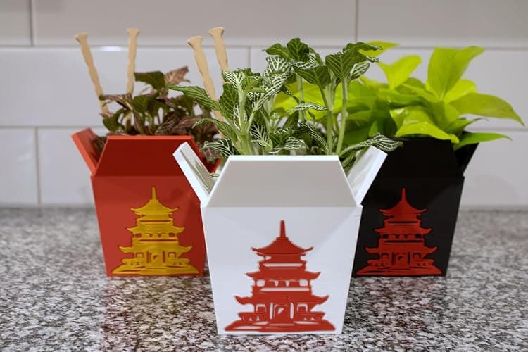 Plant Pot for Indoor Plants, Chinese Take Out Box White Whit Two Chopsticks (Free) 3D Printed -Plastic -Unique Planter for Indoor with Drainage Hole- Made in USA (White) thumbnail 4