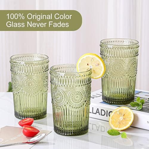 ZMOWIPDL Vintage Glassware Drinking Glasses Set of 6,13 oz Green Textured Flower Design Glass Water Tumblers，Embossed Striped Drinkware for Water,Cocktails,Juice,Iced Coffee thumbnail 4