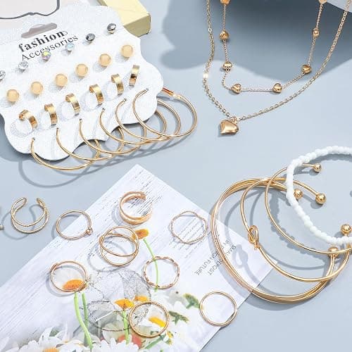 NEWITIN 49 Pieces Gold Jewelry Set for Women Fashion Costume Jewelry Gold Plated Necklace Bracelet Ring Earrings Set for Women thumbnail 3