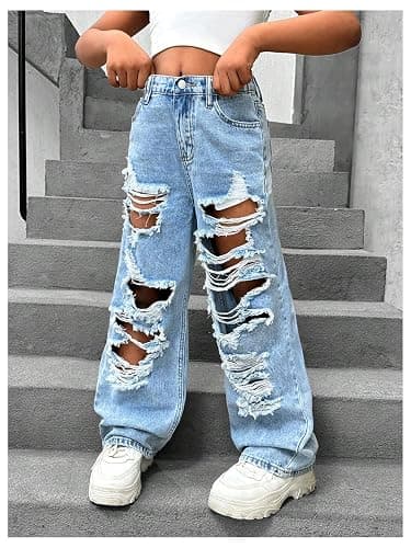 Floerns Girl's Distressed Jeans Baggy Wide Straight Leg Y2k Ripped Denim Pants thumbnail 3