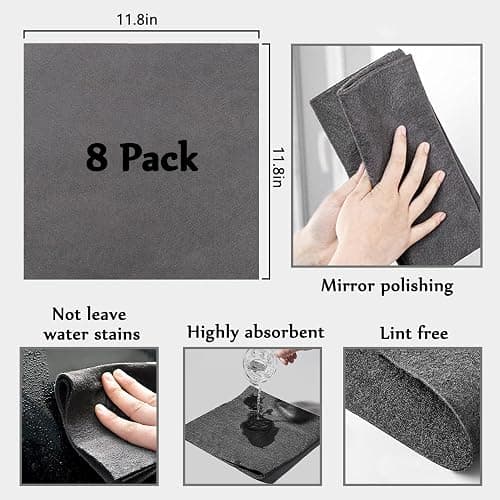 XANGNIER Thickened Magic Cleaning Cloth,8 Pcs Lint Free Cloth,Reusable Microfiber Cleaning Rag for Windows,Mirror,Glass,Car,Gray thumbnail 2