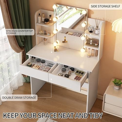 Cemoxul White Vanity Desk with Mirror and Adjustable Hollywood Lights, Makeup Vanity Desk with Lights 3 Color Modes, 2 Drawers & 4 Storage Shelves, Compact Dressing Table for Small Space thumbnail 4