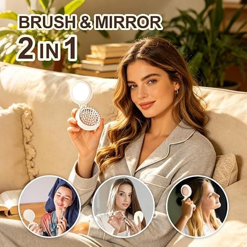 Jurrissa Folding Hair Brush with Mirror for Women Men and Kids，Portable Compact Hair Brush for Purse Pocket Bags, Travel Size Foldable brush with Case, Easy to Carry(Beige) thumbnail 3