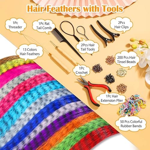 65 Pcs Hair Feathers with Hair Extension Tools, 13 Colors Long Straight Synthetic Hair Feather Extensions Kit with Microlink Beads for Women Girls Kids Daily Parties Festival thumbnail 2