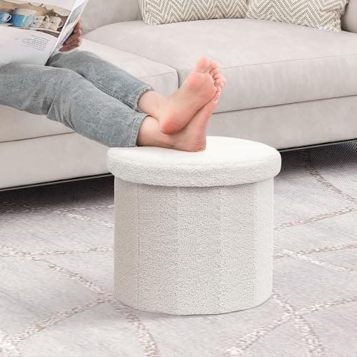 B FSOBEIIALEO Storage Ottoman Cube, Round Ottomans with Storage Foot Stool Footrest for Lving Room, Boucle Ottoman Seat for Dorm Room,Faux Teddy Fur, White 15"x15"x13.19" thumbnail 8