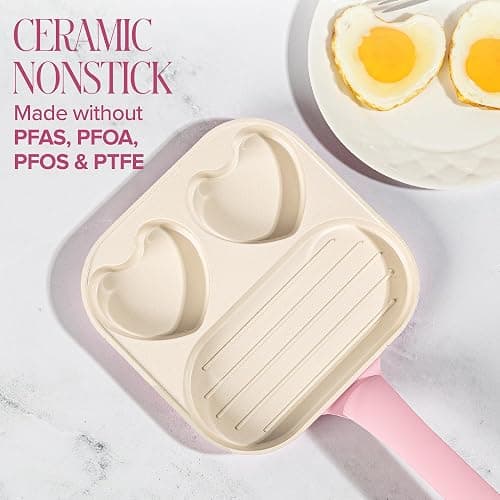Paris Hilton Ceramic Nonstick Divided Skillet with Heart-Shaped Sections and Grill Plate, Cast Aluminum, Dishwasher Safe, 8-Inch, Pink thumbnail 6
