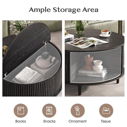 JOINICE,Black Round Coffee Table with Storage, 31.5" Fluted Center Table with Sliding Door, Modern Circle Drum Accent Table for Living Room, Sleek Wood Furniture for Small Spaces & Apartments thumbnail 4