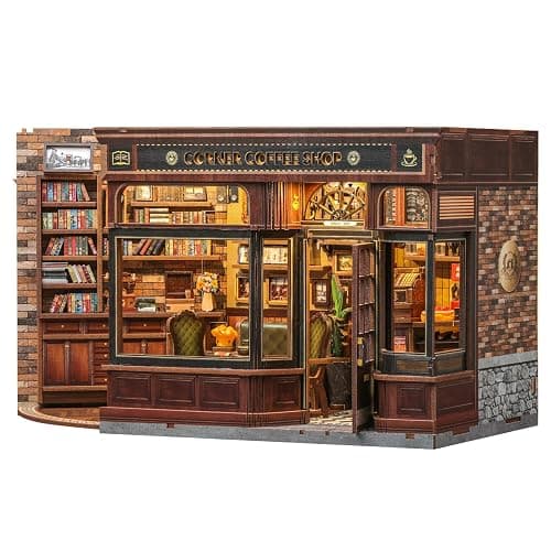 Fsolis Book Nook Kit - DIY Bookshelf Miniature Kit for Adults 3D Puzzle Booknook Bookstore Bookshelf Diorama Cafe Shop Tiny House with Cat, Craft Gifts for Women Book Lovers (Corner Coffee Shop) - Image 1
