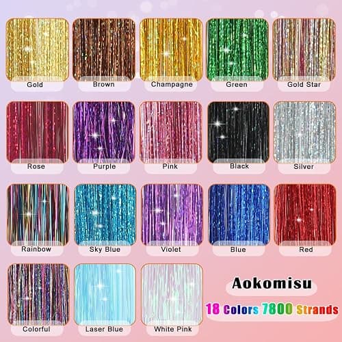 Aokomisu Hair Tinsel, 18 Colors 7800 Strands 48 Inch Glitter Tinsel Hair Extensions Kit Heat Resistant Daily Use Festivals Shiny Fairy Hair Accessories for Girls Kids Women (18 Colors) thumbnail 3