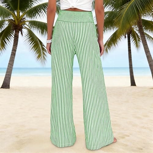 bawilom Women's Wide Leg Beach Pants Elastic Waist Striped Lightweight Casual Flowy Palazzo Lounge Trousers with Pockets thumbnail 6