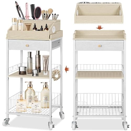 NauwaBarn Makeup Organizer Cart with Removable Cosmetic Display Case, Large Makeup Cart with Drawer and 4 SS Tool Cups, 2-in-1 Vanity Organizer for Skincare Perfume Nail Polish Brush, White & Natural - Image 1