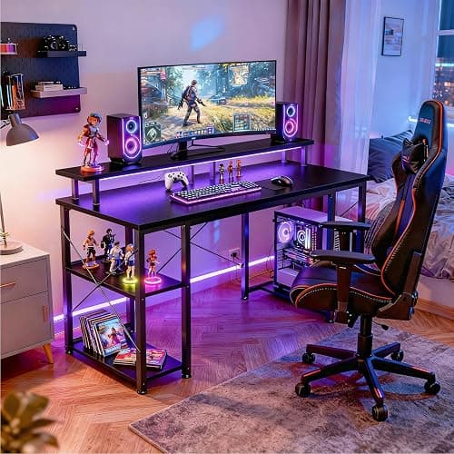 ODK 48 inch Gaming Desk with LED Lights & Power Outlets, Computer Desk with Monitor Stand & Storage Shelves, CPU Stand, Home Office Desk, Black thumbnail 2