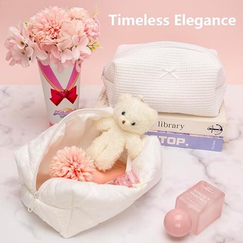 PAZIMIIK Cozy Makeup Bag Travel Cosmetic Bag for Women Soft Toiletry Bag Aesthetic Makeup Organizer Portable Large Zipper Pouch for Skincare Beauty Accessories Brushes Embroidery White thumbnail 2