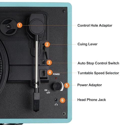 Vinyl Record Player, 3 Speeds Suitcase Portable Record Player with Built-in Speakers, Vintage Belt Driven Turntable with RCA Output/Headphone/Aux in Jack/45 Adapter Blue thumbnail 3