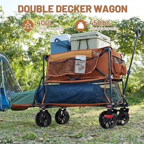 TIMBER RIDGE 400L Large Capacity Folding Double Decker Wagon with Brakes, 54" Extra Long Extender Wagon Cart, 450lbs Heavy Duty Collapsible Cart, All-Terrain Big Wheels for Camping, Sports, Shopping thumbnail 4