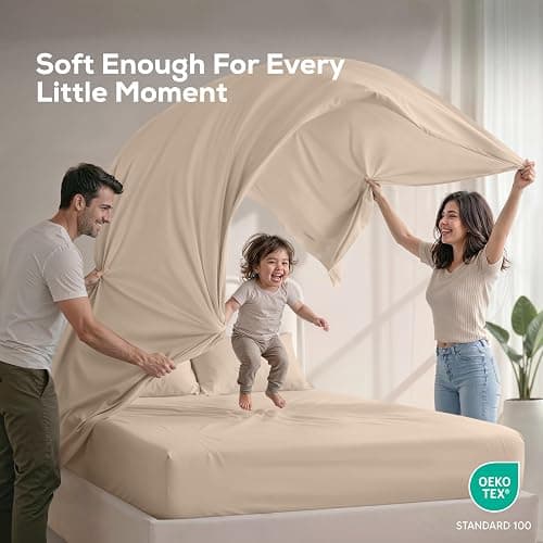 King Sheets Set, 4 Pieces 16" Deep Pocket Hotel Luxury Bed Sheets, Beige | Extra Soft Bedsheet Set, Comfy & Breathable Cooling Sheets, Wrinkle & Fade Resistant, Fitted Sheet, Flat Sheet, 2 Pillowcases thumbnail 5