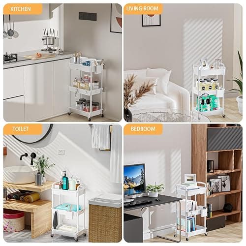3 Tier Rolling Utility Cart with Drawer,REBECAT Utility Cart Made of Multifunctional Storage Organizer Tool for Kitchen,Bathroom,Living Room,Office(White) thumbnail 6