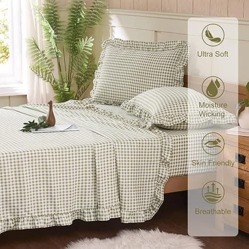 kisswish Gingham Queen Sheet Set, Lightweight Super Soft Brushed Microfiber Plaid Bed Sheets with 16" Deep Pocket, 4 Piece Ruffle Farmhouse Bedroom Decor, Sage Green thumbnail 3