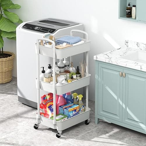 Sywhitta 3-Tier Plastic Rolling Utility Cart with Handle, Multi-Functional Storage Trolley for Office, Living Room, Kitchen, Movable Storage Organizer with Wheels, White thumbnail 5