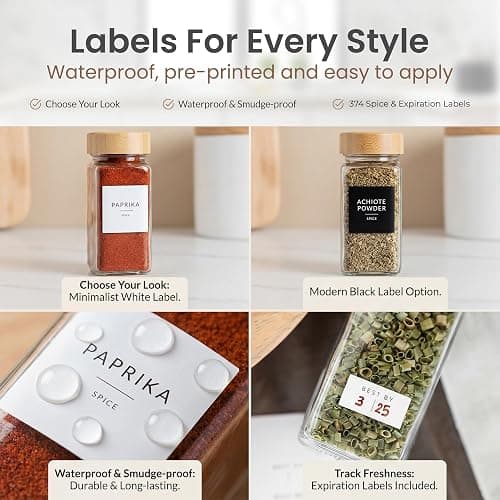 SAVVY & SORTED Glass Spice Jars with Label, 24PK Bamboo Jar Spices Set 4oz, 374 Spice Labels, Pepper Grinder, Empty Herb Seasoning Containers, Funnel and Shaker Lids thumbnail 5