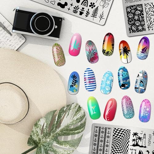 Arbuya Tropical & Ocean Nail Stamping Plates Set of 3 - Palm Leaves,Starfish, Coral, Stripes & Summer Drinks Design Template for Beach Nail Art DIY Print Manicure Salon Design Supplies Tool thumbnail 6