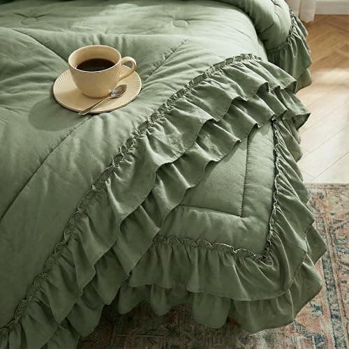 Bedding_Dreamer Sage Green King Size Comforter Set, 3-Piece Shabby Chic Ruffle Bedding, Soft Microfiber Boho Farmhouse Comforter for All Seasons thumbnail 4