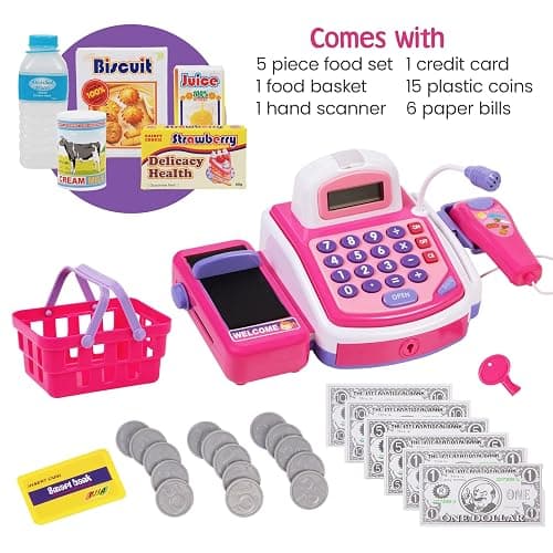 Prextex Pretend Play Store Electronic Toy Cash Register for Kids - STEM Toy with Mic Speaker and Play Money Included thumbnail 2
