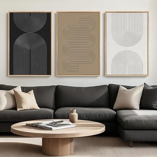 Large Framed Black and White Neutral Abstract Wall Art, 3 Piece Minimalist Canvas Prints Paintings Artwork for Walls, Boho Geometric Pictures for Living Room Hallway Office Wall Decor Total 30x60 In - Image 1