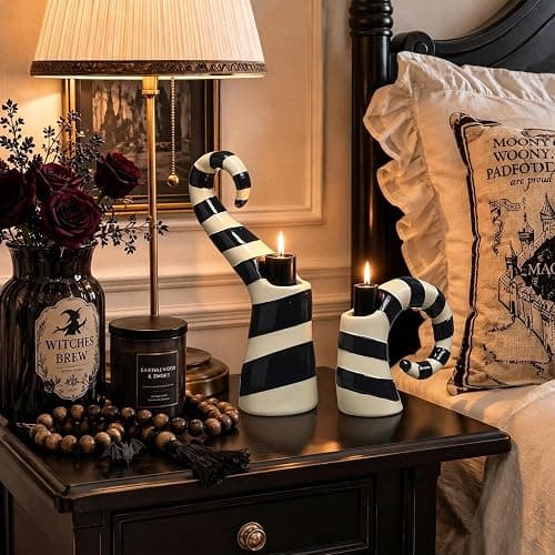 Mumufy 2 Pcs Halloween Black White Worm Theme Candle Holders Gothic Desktop Candle Holders Scary Movie Inspired Theme Table Centerpiece Decor for Halloween Haunted Graveyard Party Desktop Decorations thumbnail 6