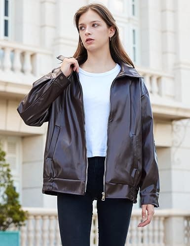 FSVABY Womens Oversized Faux Leather Motocycle Jacket Zip Up Outwear Coat with Pockets thumbnail 2