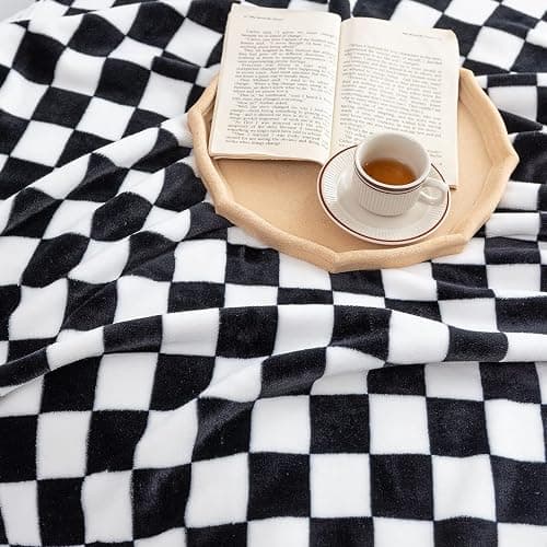 LOMAO Throw Blankets Flannel Blanket with Checkerboard Grid Pattern Soft Throw Blanket for Couch, Bed, Sofa Luxurious Warm and Cozy for All Seasons (Black, 40"x50") thumbnail 4