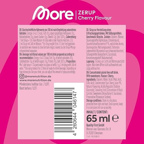MORE Zerup, Cherry, 65 ml, für bis zu 8 l Fertiggetränk, zuckerfreier Sirup mit echten Fruchtextrakten, vegan, zero Kalorien - made in Germany thumbnail 4