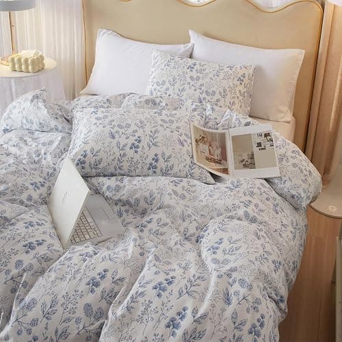 HighBuy White Blue Floral Cottagecore Boho Comforter Set, Full Size, 3 Piece, 1 Comforter & 2 Pillowcases, All Season thumbnail 2