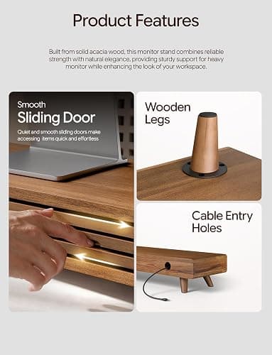 Tinamo 24" Wood Monitor Stand Riser with Sliding Door and Cable Management | Acacia Wood, Ergonomic Design, Fits Most 24"-32" Monitors, Non-slip, Hidden Multi-purpose Storage, All Hardware Included thumbnail 4