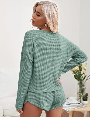 Ekouaer Womens Waffle Knit Pajama Sets Long Sleeve Top and Shorts Matching Lounge Set Loungewear Sweatsuit with Pockets thumbnail 4