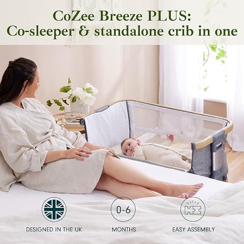Tutti Bambini CoZee® Breeze PLUS - Extra Breathable Next To Me Crib & Standalone Baby Cot with Larger Mesh Side Windows, Easy Fold, with Mattress (0-6 months) - Oak/Charcoal thumbnail 3