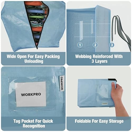 WORKPRO 6 Pack Extra Large Moving Bags with Zippers & Carrying Handles Backpack Straps, Heavy-Duty Storage Tote for Space Saving & Storage, Alternative to Moving Box (Dusty Blue) thumbnail 5