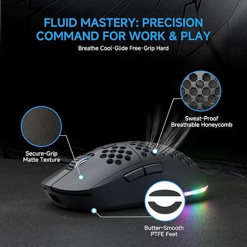 TMKB Falcon M1 Wireless Gaming Mouse, 24000DPI Optical Sensor, 180Hrs Battery, Lightweight, 6 Programmable Buttons, RGB Strip, 2.4G/BT5.2/USB-C Wired for PC/Mac/Laptop - Matte Black thumbnail 6