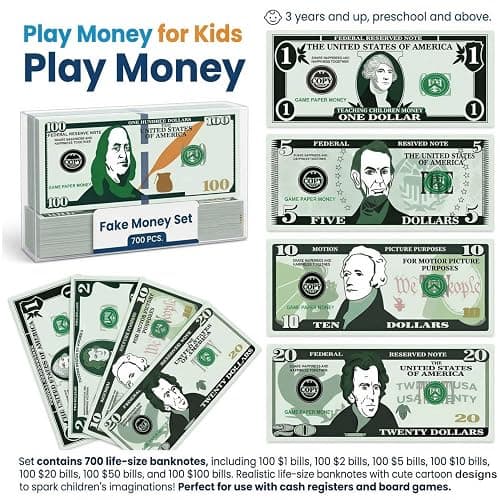 Spiricrystal 700Pcs Play Money Set for Kids – Educational Learning Bills for Teaching Math & Counting – Prop Fake Money Refill for Board Games & Cash Register Toy thumbnail 3