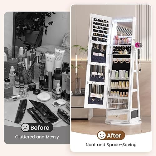 HWB Jewelry Cabinet with LED Mirror, 360° Swivel & Remote Control, White | Remote-controlled RGB LED Lighting, Spacious Storage with Shelves and Drawer thumbnail 7