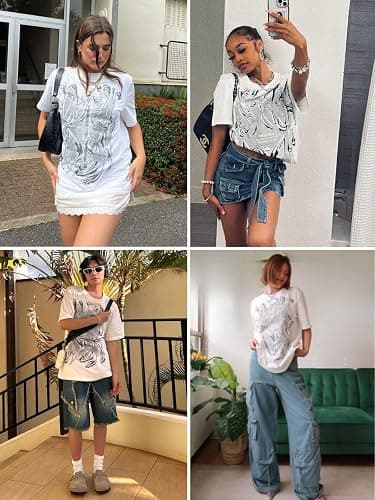 Aelfric Eden Metalic Graphic Tees Men Y2k Oversized T Shirts Women Vintage Tees Unisex Summer Tops - X-Small - White thumbnail 3
