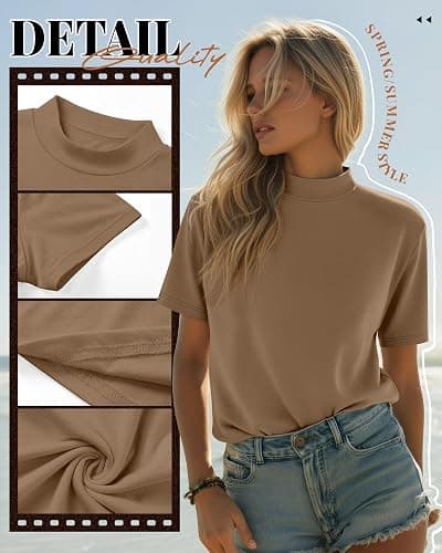 Ficerd 3 Pack Women's Mock Neck Shirts Short Sleeve Tops | Ladies Turtleneck Business T-Shirts, Slim Fit Tees, Dressy Basic Pullovers, Stretch Casual Outfits, Summer Fall Clothes 2026 thumbnail 4