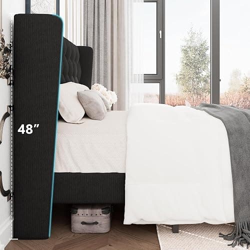 GalnFu Queen Size Bed Frame with Button Tufted Headboard, Upholstered Platform Bed Frame with UnderBed Storage, Wooden Slats Supports, Noise Free, No Box Spring Needed, Easy Assembly, Black thumbnail 5