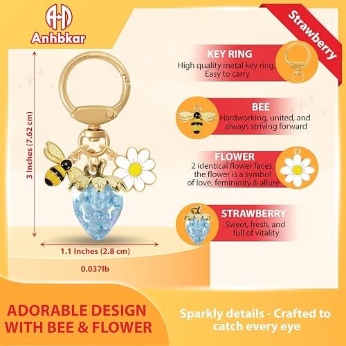 ANHBKAR Strawberry Bag Charm with Keychain Accessories for Women, Girls | Cute Flower, Bee, Ladybug and Rabbit Charm Styles Available thumbnail 2