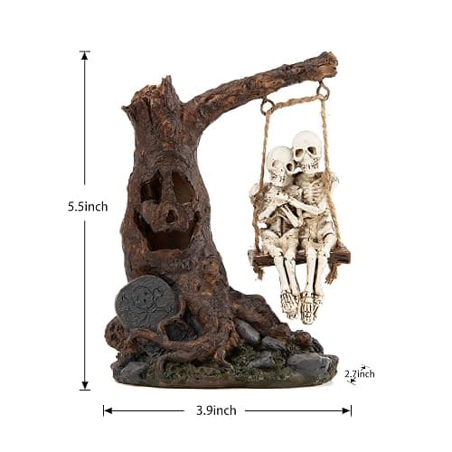 Halloween Skull Statue with Spooky LED Light for Home Indoor Decorations | Halloween Decor with Romantic Skeleton Couple on Swing Dead Tree, Resin Skull Party Centerpieces Holiday Collectible Gift thumbnail 2
