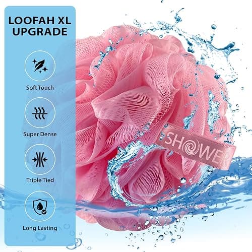 SHOWER BOUQUET Pink-Loofah Bath-Sponge XL 4-Pack // Extra Large 75g Soft Mesh Net Pink Loofa Loufa Luffa Lufa Puff Set/Exfoliating Body Scrubber for Women and Men - Exfoliate & Soothe Face & Body thumbnail 3